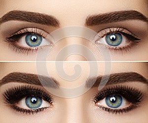 Perfect shape of eyebrows and extremly long eyelashes. Macro shot of fashion eyes visage. Before and after