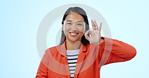 Perfect sign, portrait and business woman in a studio for approval and satisfaction hand gesture. Happy, smile and