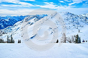 The perfect ski tracks on Feuerkogel Mountain plateau, Ebensee, Salzkammergut, Austria