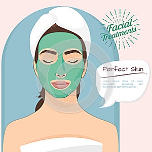 Perfect skin vector illustration. Beautiful woman with peeling green face mask