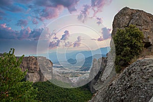 Perfect sky clouds and view of Meteora, Kalabaka Greece