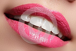 Perfect smile after bleaching. Dental care and whitening teeth. Woman smile with great teeth. Close-up of smile with white healthy