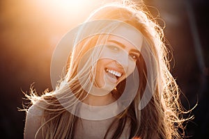 Perfect smile. Happy woman. Perfect smiling on sunny background. Beautiful model girl with perfect fresh clean skin