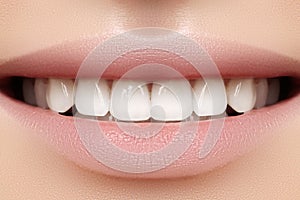 Perfect smile of young beautiful woman, perfect healthy white teeth. Dental whitening, ortodont, care tooth and wellness