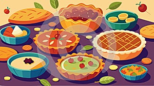 The perfect solution to a savory craving a picturesque spread of hearty pies and quiches waiting to be sampled.. Vector photo