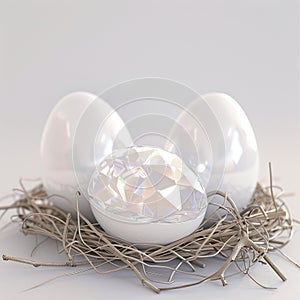 The Perfect for Spring Celebration of Elegant White Easter Background with Decorated Eggs. photo