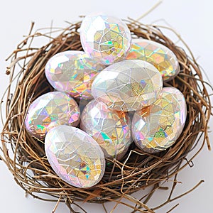 The Perfect for Spring Celebration of Elegant White Easter Background with Decorated Eggs. photo