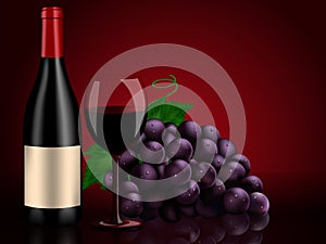 Perfect still life: red bottle wine, grapes and wine glass