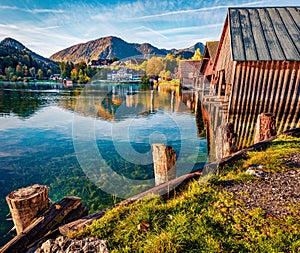 Perfect sunny day on Grundlsee lake. Calm autumn view of Eastern Alps, Liezen District of Styria, Austria, Europe. Traveling conce