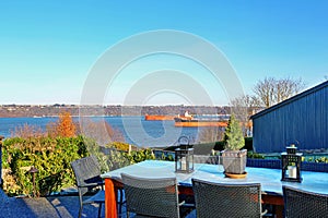 Perfect Tacoma waterfront house exterior with winter decor.