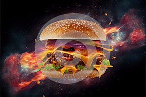 Perfect tasty delicious cheese burger with fillings on a space background fast food