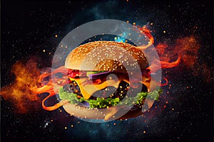 Perfect tasty delicious cheese burger with fillings on a space background fast food