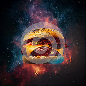 Perfect tasty delicious cheese burger with fillings on a space background fast food