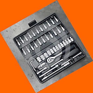 Perfect tool kit. chrome plating socket wrench or spanner in compact case. pro set of tools. Torx tool Socket Drive.