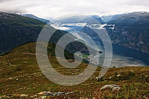 Perfect view to water, lake and panorama of mountains in Jotunheimen near Bergen in Norway, Europe