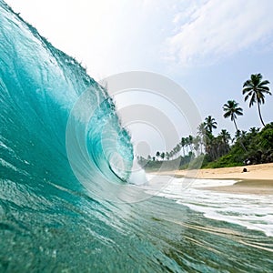 Perfect wave crashing on tropical beach photo
