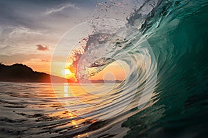 Perfect wave at sunset in Indonesia, detailed and grainy image