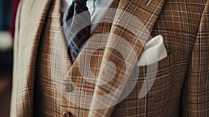 a perfect wedding suit close-up shot, highlighting its timeless elegance and impeccable craftsmanship, ideal for