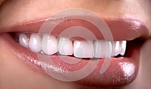 Perfect White beautiful Teeth smile ceramic crowns whitening young lady smiling. zircon implants restoration