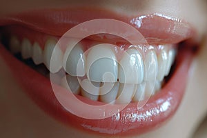 Perfect white teeth smile of a young woman. The result of the teeth whitening procedure.