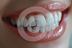 Perfect white teeth smile of a young woman. The result of the teeth whitening procedure.