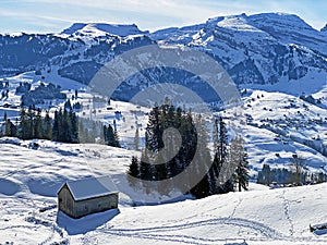 Perfect winter alpine landscape in the Thur river valley between the Churfirsten and Alpstein mountain ranges, Unterwasser