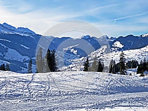 Perfect winter alpine landscape in the Thur river valley between the Churfirsten and Alpstein mountain ranges, Unterwasser