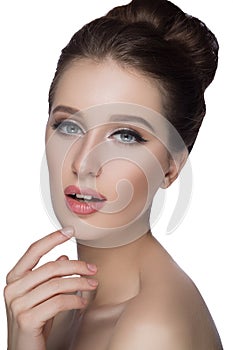 Perfect woman face portrait lips with fashion natural beige matte lipstick makeup. Beauty brunette model girl beautiful skin