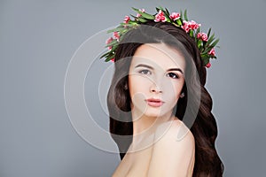 Perfect Woman with Summer Pink Flowers Crown. Brunette Beauty