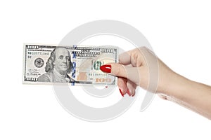 Perfect women hand hold one hundred dollars isolated on white background.