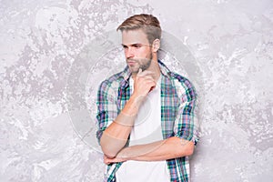 Perfect for you. macho man grunge background. male fashion summer trends. confident man checkered shirt. unshaven man
