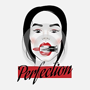 Perfection. Vector hand drawn illustration of girl biting pomade isolated.