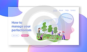 Perfectionism, Obsessive Compulsive Disorder Landing Page Template. Gardeners Characters Put Apples in Even Row, Sorting