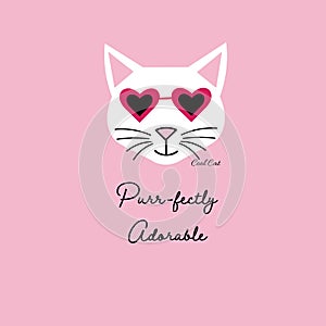Perfectly adorable white cool cat with heart sunglasses vector illustration panel
