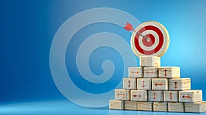 aimed arrow bullseye target mounted pyramid wooden blocks precision focus achievement photo