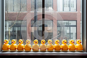 A perfectly aligned row of rubber duckies on a windowsill