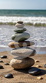 Zen Stone Stack on Sandy Beach with Ocean Background