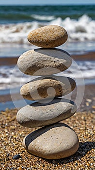 Zen Stone Stack on Beach with Ocean Background