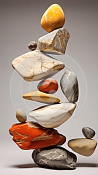 A perfectly balanced zen arrangement stack of colorful stones rocks