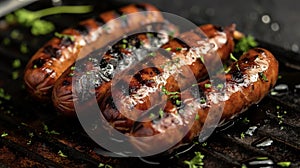 Perfectly charred grilled sausages glistening with droplets of juice and topped with a sprinkle of aromatic herbs
