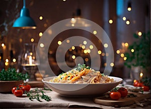 Perfectly cooked pasta on the table in a cozy evening atmosphere against the backdrop of lamps that light up the walls a little