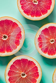 Perfectly coordinated grapefruit slices with a minimalistic mint green backdrop. AI generated. photo