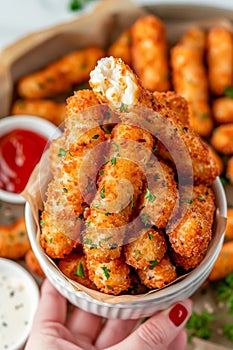 Perfectly fried mozzarella sticks with gooey cheese inside and a crispy golden coating