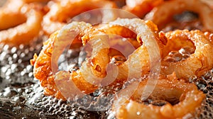 Perfectly fried onion rings crispy and golden in bubbling oil for ultimate crunchiness