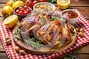 Grilled and barbecue chicken on table photo