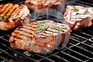 perfectly grilled pork chops on a stainless steel grill