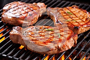 perfectly grilled pork chops on a stainless steel grill