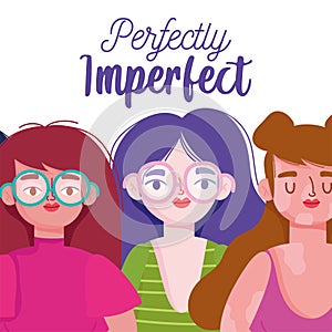 Perfectly imperfect, cartoon group women with skin pigmentation and dermatology disease