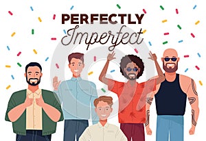 Perfectly imperfect people group characters with confetti