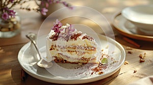 Perfectly layered slice of tiramisu cake garnished with flowers and cocoa powder, elegantly presented on a decorative